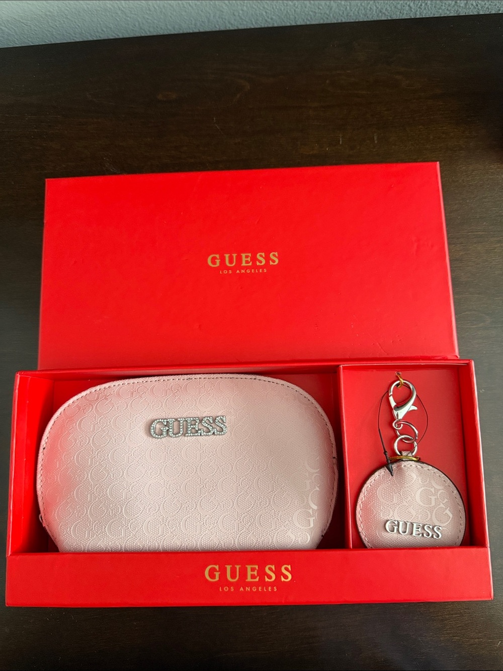 GUESS Pale Pink Embossed Cosmetic Pouch with Round Keychain